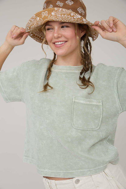 TOPS: WASHED RIBBED SHORT SLEEVE TEE WITH POCKET