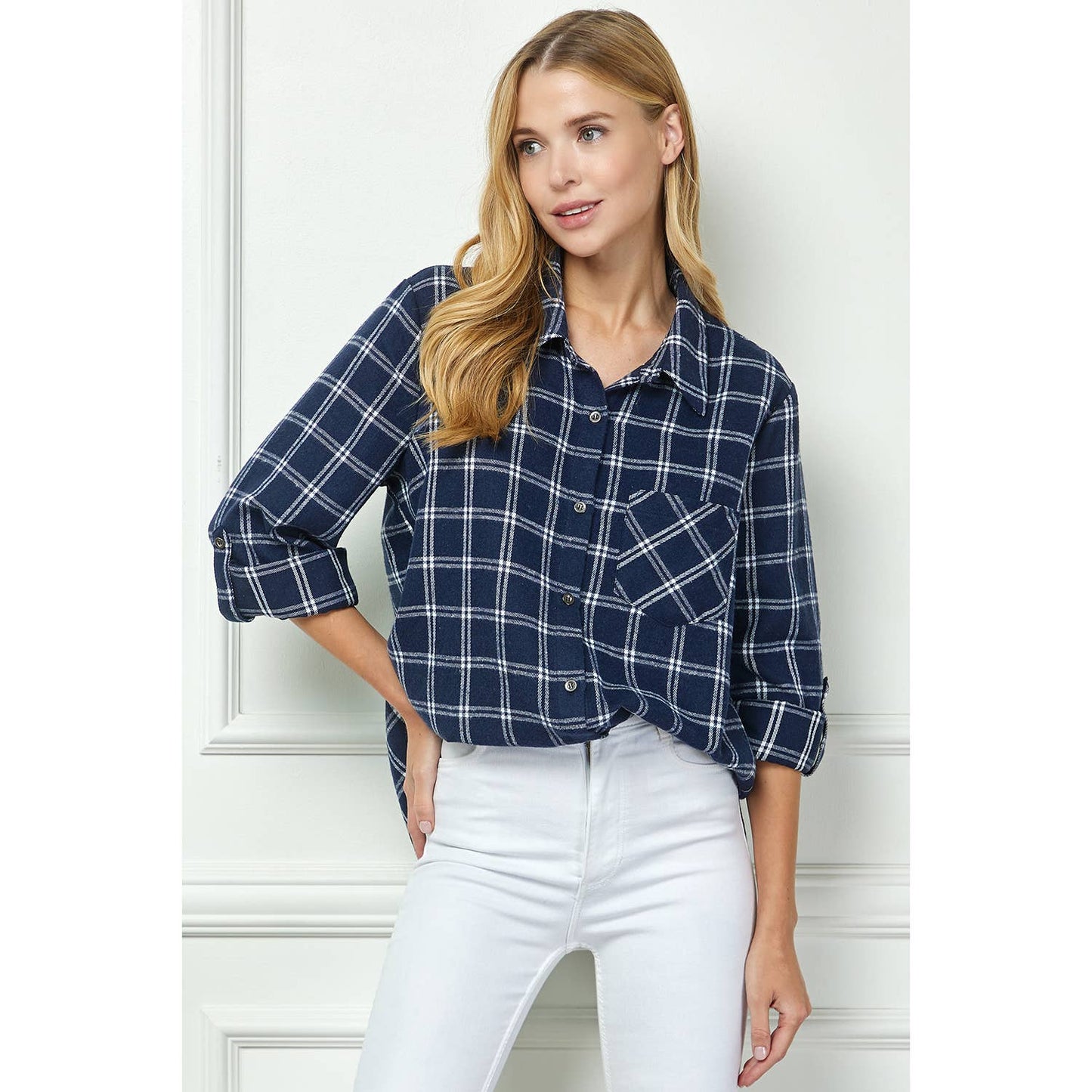 TOPS: PLAID FLANNEL ROLL SLEEVES  COLLAR NECK SHIRTS