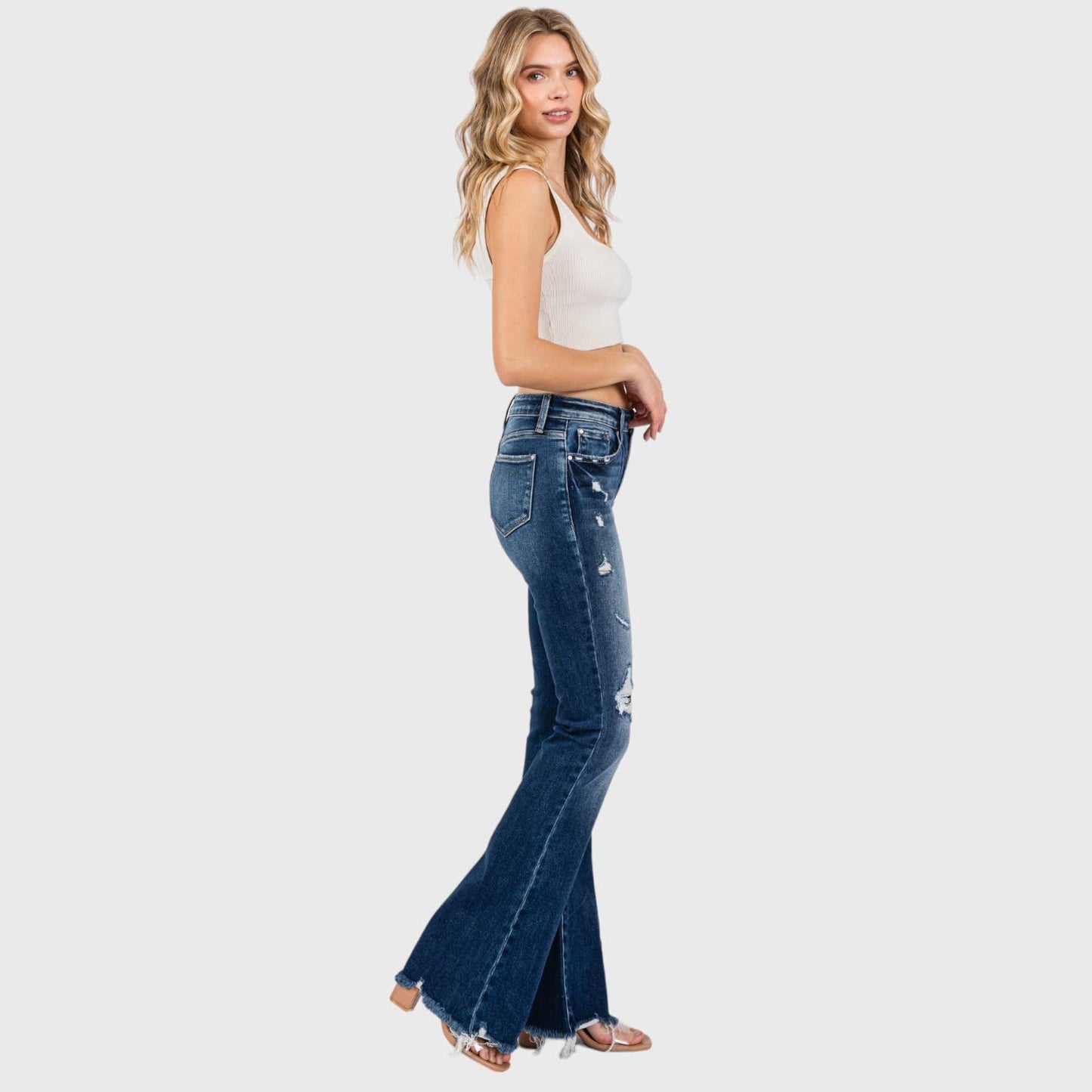 JEANS: DESTROYED PATCH WORK MID RISE FLARE W/ FRAYED HEM