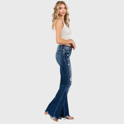 JEANS: DESTROYED PATCH WORK MID RISE FLARE W/ FRAYED HEM