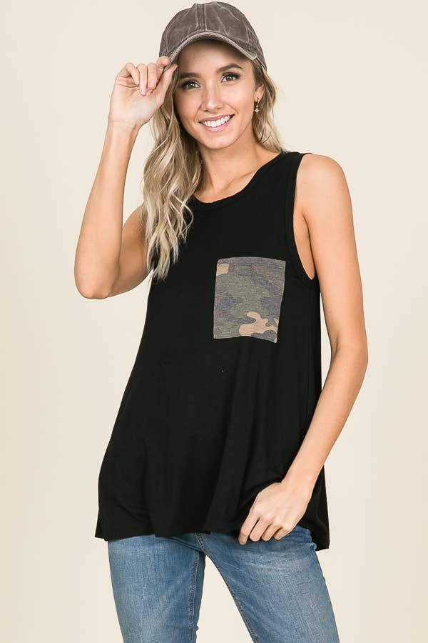 TOPS: Camouflage Chest Pocket Sleeveless Top