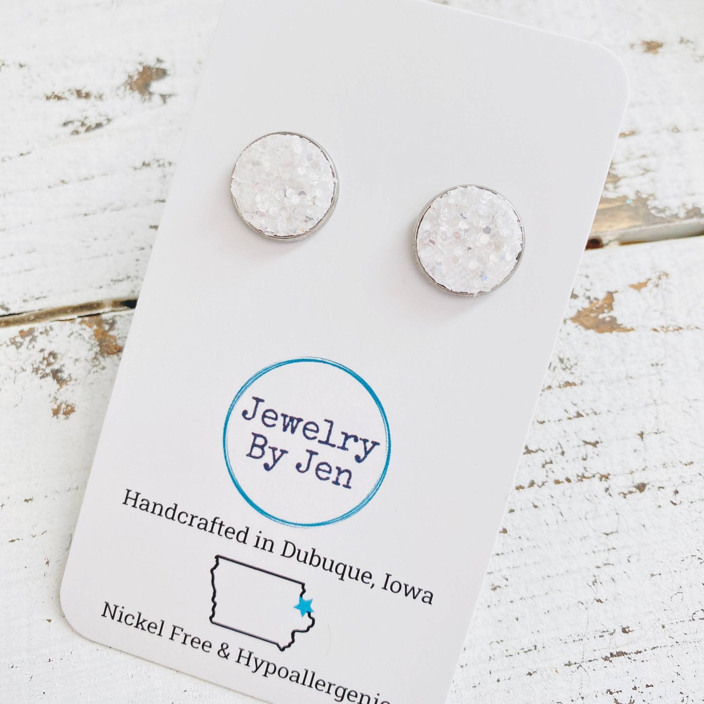 JEWELRY: Stud Earrings: White Glitter