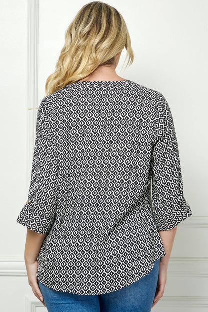 PLUS TOPS: MANDARIN COLLAR  PLAKET  BLOUSE