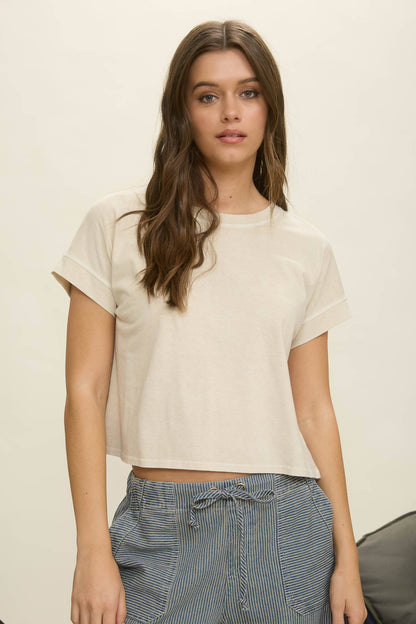 TOPS: WASHED EXTENDED SHOULDER SHORT SLEEVE KNIT TOP
