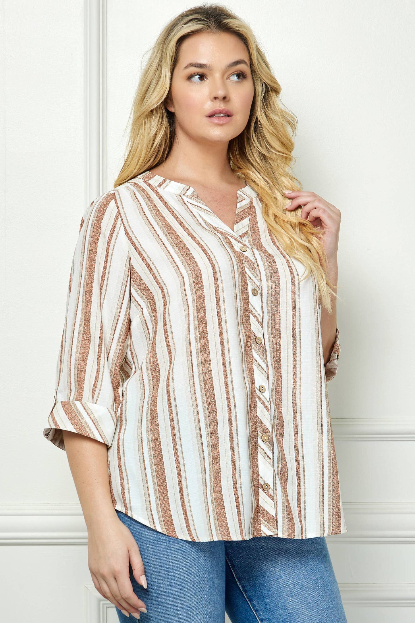 PLUS TOPS:  MANDARIN COLLAR  PLAKET  BLOUSE