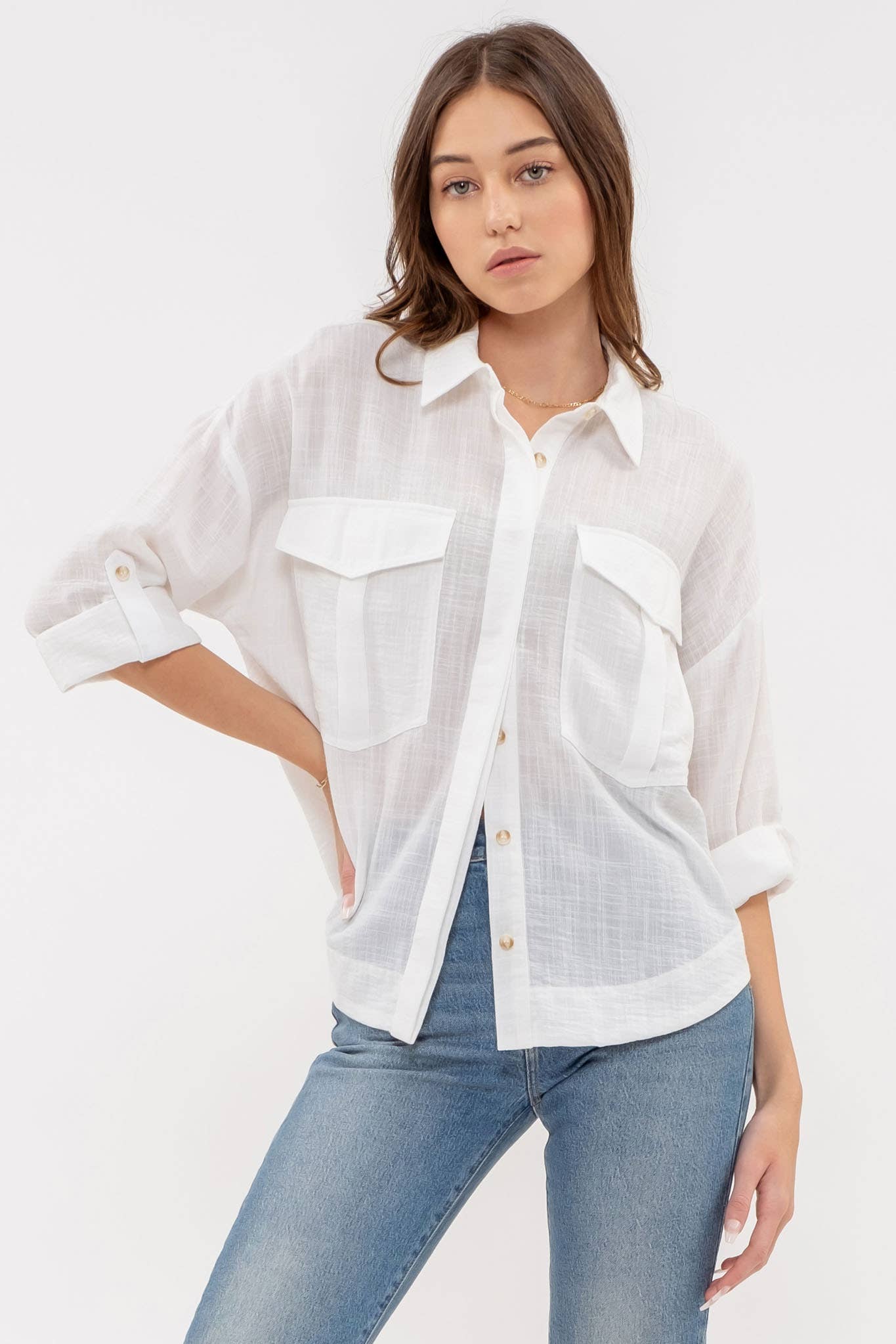 TOPS: LIGHTWEIGHT COLLARED BUTTON DOWN 3/4 SLEEVE SHIRT