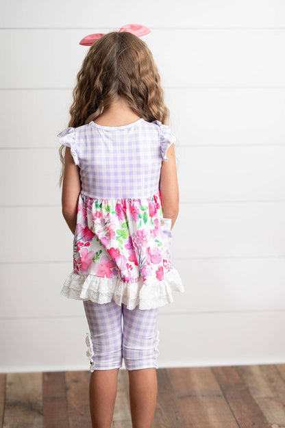 Kids Lavender Gingham & Floral Capri Ruffle Summer Set