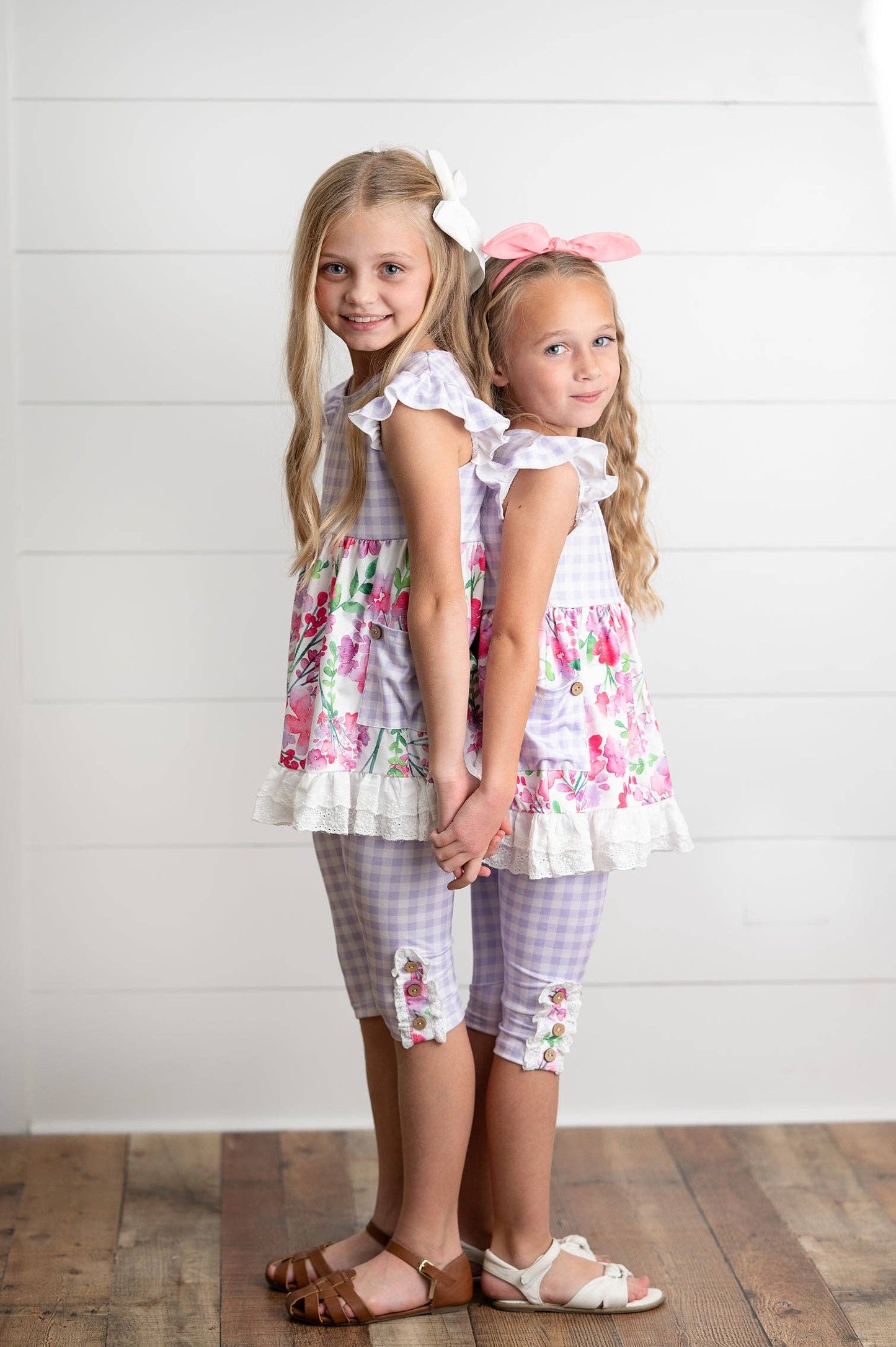 Kids Lavender Gingham & Floral Capri Ruffle Summer Set
