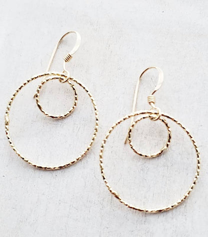 Gold Double Circle Diamond Cut Earrings