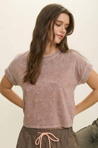 TOPS: WASHED EXTENDED SHOULDER SHORT SLEEVE KNIT TOP