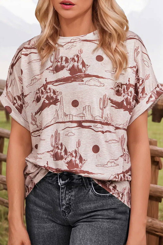 Western Desert Sand Print Short Sleeve Knit Top