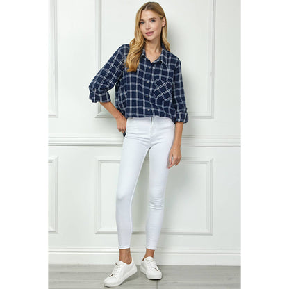 TOPS: PLAID FLANNEL ROLL SLEEVES  COLLAR NECK SHIRTS