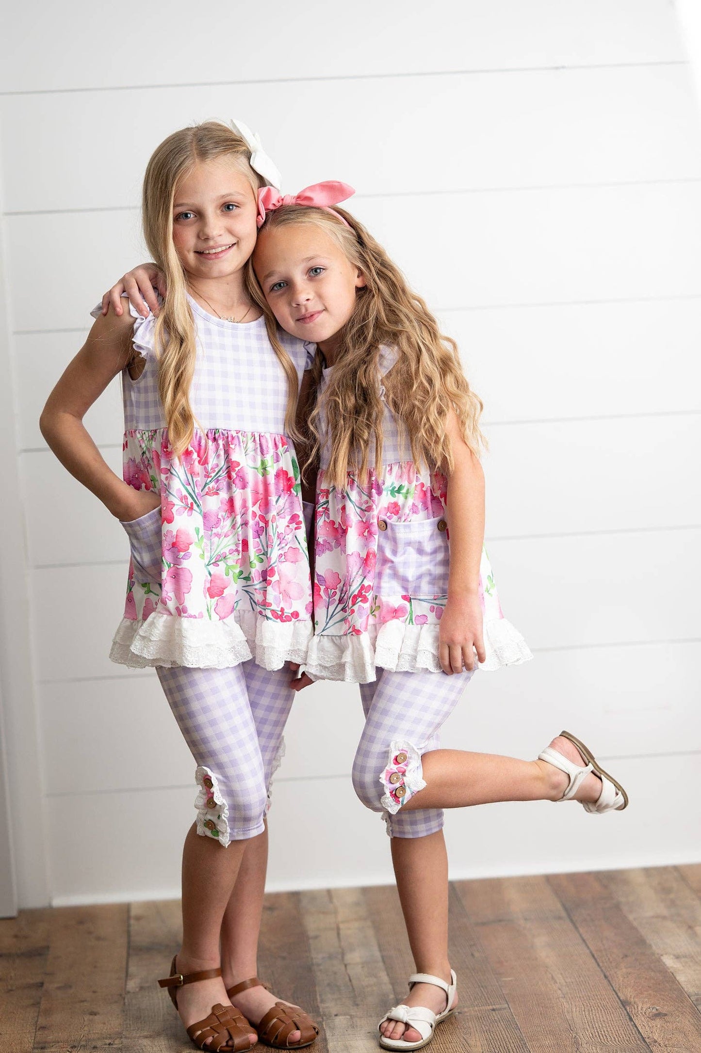 Kids Lavender Gingham & Floral Capri Ruffle Summer Set