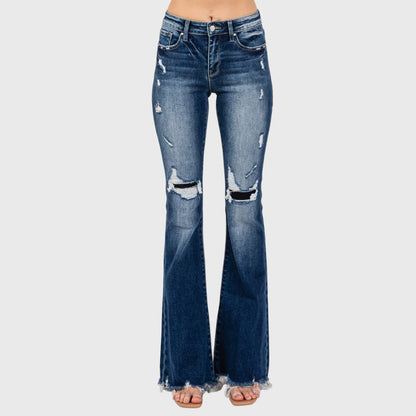 JEANS: DESTROYED PATCH WORK MID RISE FLARE W/ FRAYED HEM