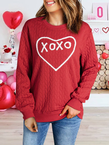 TOPS: Heart XOXO Chenille Embroidered Textured Sweatshirt