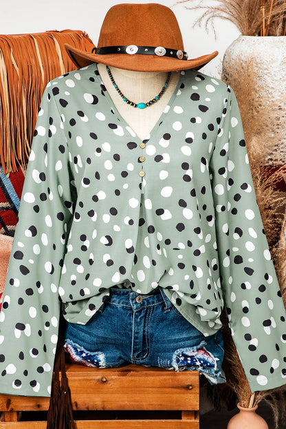 TOPS: Fashion-W Polka Dot Print Button Front V Neck Blouse