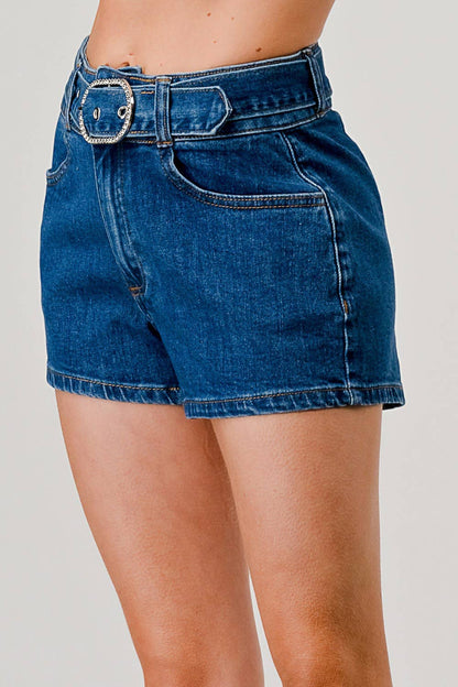 BOTTOMS: Shorts I6173HS - Medium Dark Wash - High Rise Belted Denim Shorts