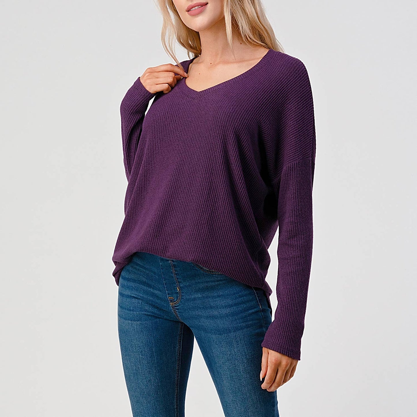 TOPS: V-neck Long Sleeve Loose Fit Brushed Rib Knit Top