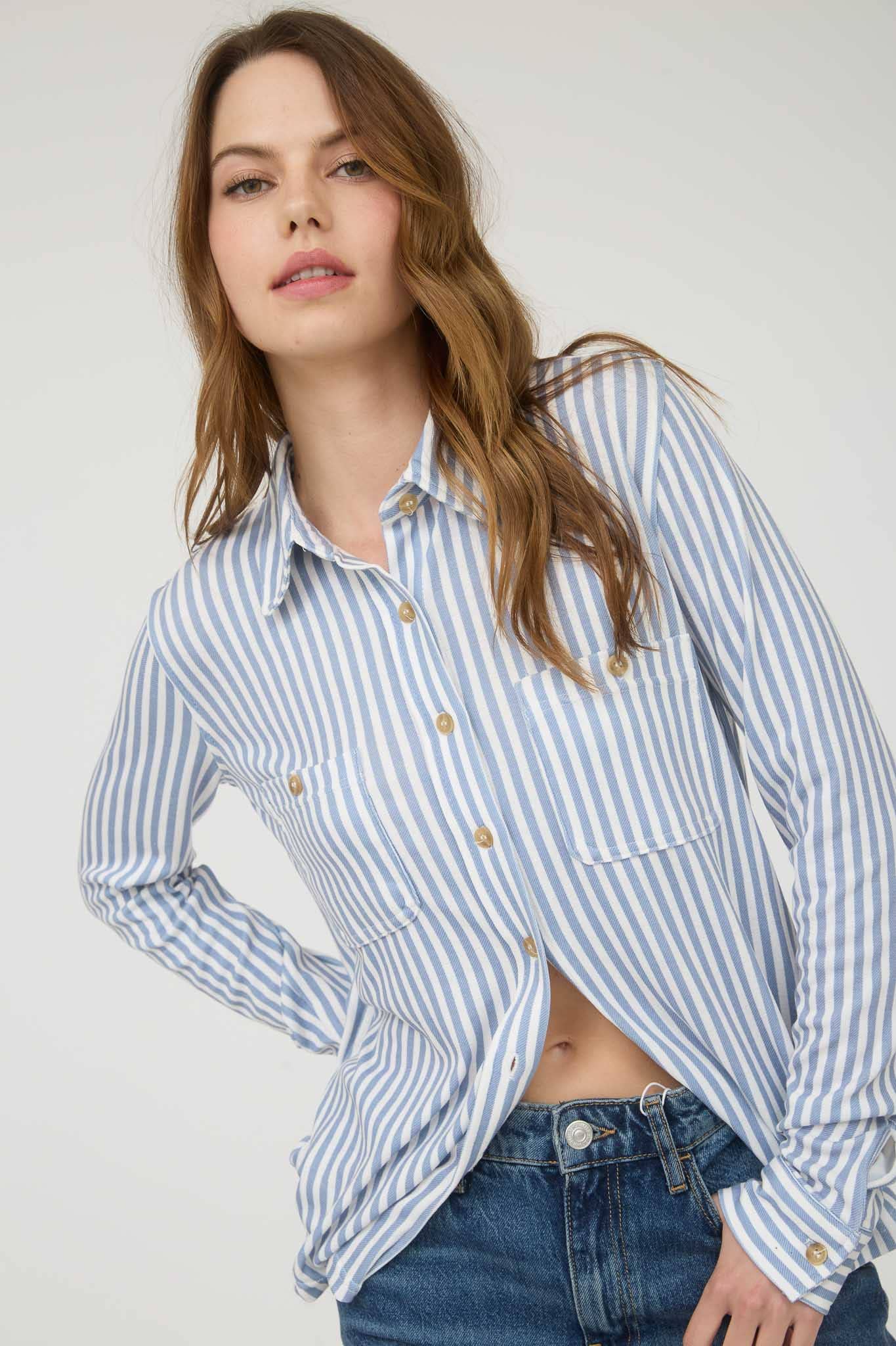 TOPS: STRIPE COLLARED LONG SLEEVE BUTTON DOWN SHIRT