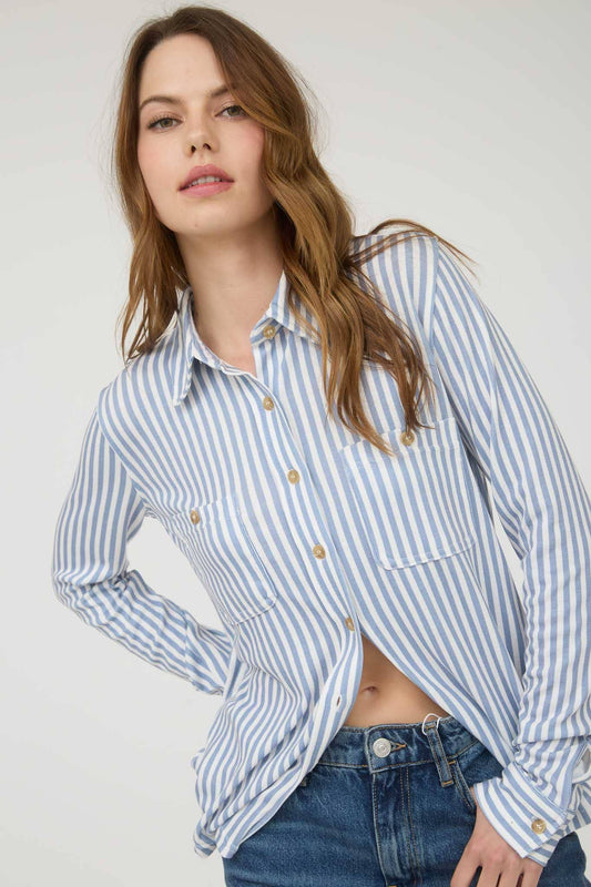 TOPS: STRIPE COLLARED LONG SLEEVE BUTTON DOWN SHIRT