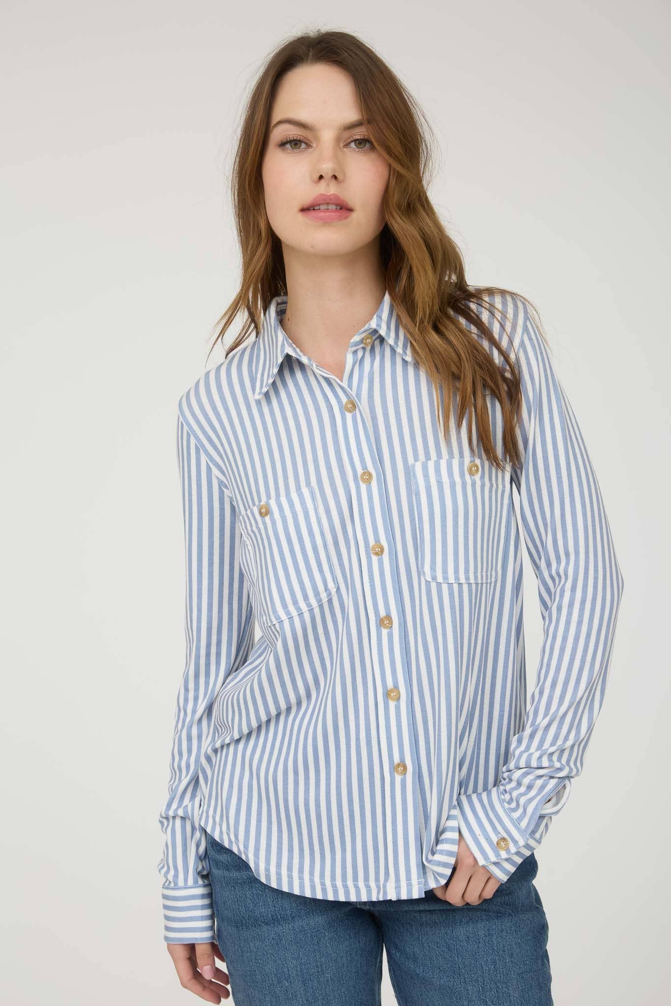 TOPS: STRIPE COLLARED LONG SLEEVE BUTTON DOWN SHIRT