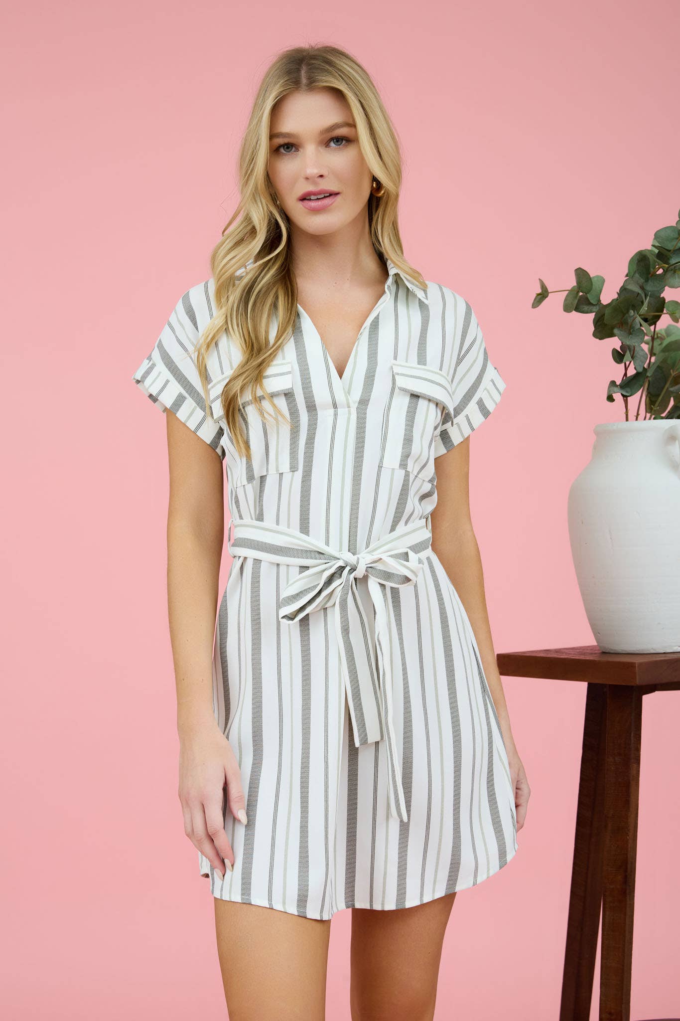DRESS: STRIPE COLLARED SHORT SLEEVE BELTED SHIRT DRESS
