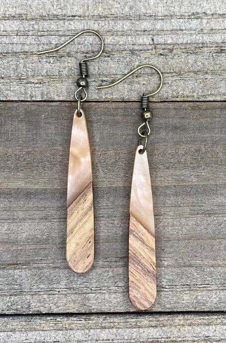 Pearly Pink Long Teardrops | Resin + Wood Bohemian Earrings