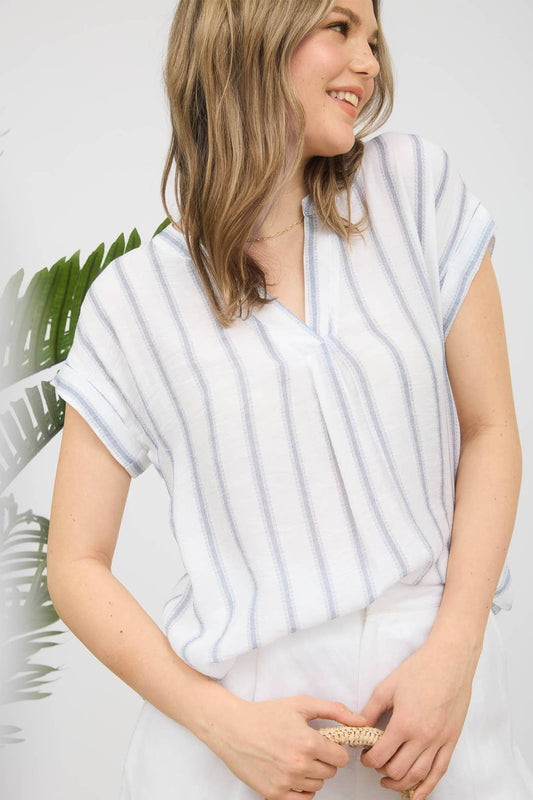 LAST CALL: STRIPE SPLIT NECK BACK BUTTON SHORT SLEEVE SHIRT