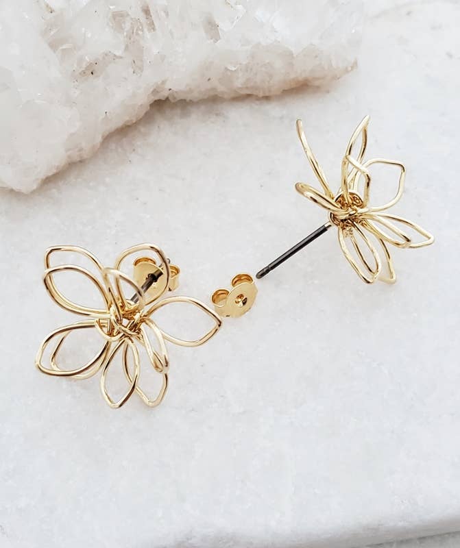 Gold Wire-Wrapped Lotus Studs Earrings