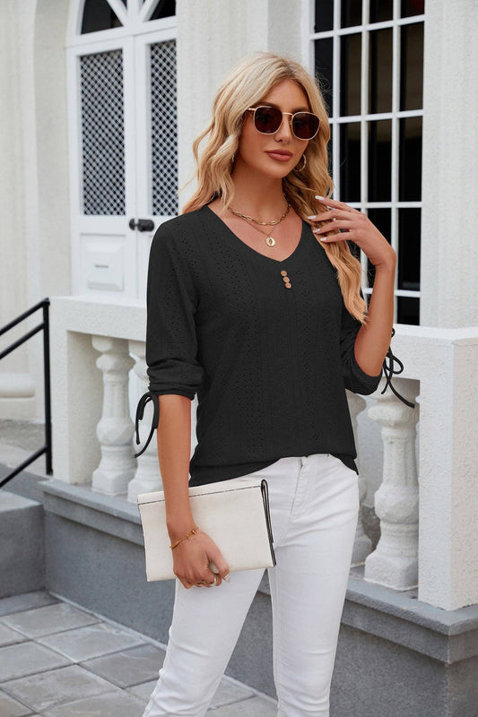 MUST HAVE TOPS: Solid Color Jacquard Button Middle Sleeve T-shirt