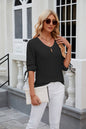 TOPS: Solid Color Jacquard Button Middle Sleeve T-shirt