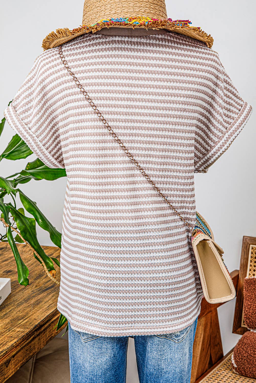 TOPS: Fashion-W Stripe Buttoned Front V Neck Knitted T Shirt