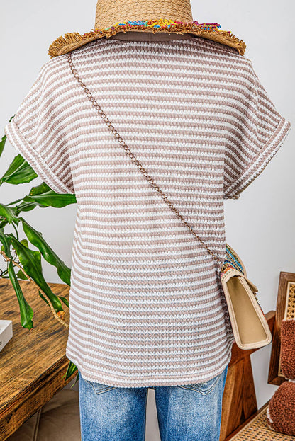 TOPS: Fashion-W Stripe Buttoned Front V Neck Knitted T Shirt