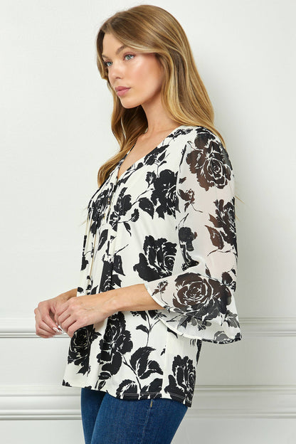 TOPS: EVERBLOOM PLEATED BLOUSE W/ CHIFFON FLARE SLEEVES