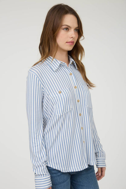 TOPS: STRIPE COLLARED LONG SLEEVE BUTTON DOWN SHIRT