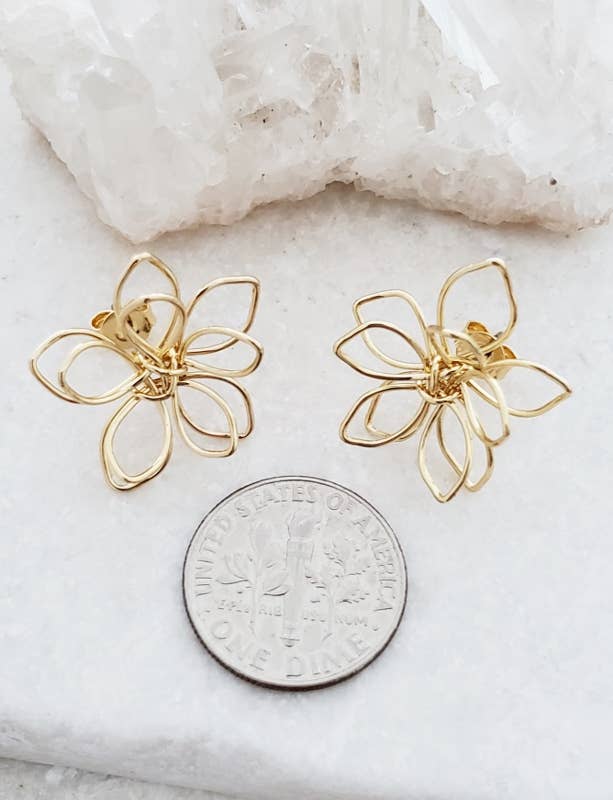 Gold Wire-Wrapped Lotus Studs Earrings