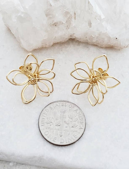 Gold Wire-Wrapped Lotus Studs Earrings