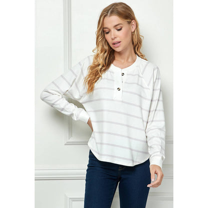 TOPS: LONG SLEEVE STRIPED KNIT TOP WITH BUTTON