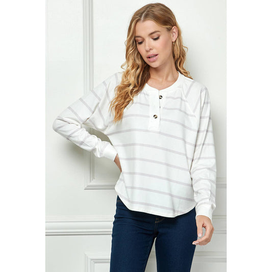 TOPS: LONG SLEEVE STRIPED KNIT TOP WITH BUTTON
