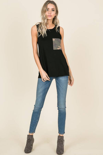 TOPS: Camouflage Chest Pocket Sleeveless Top