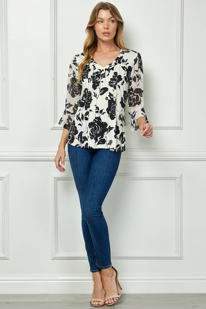 TOPS: EVERBLOOM PLEATED BLOUSE W/ CHIFFON FLARE SLEEVES