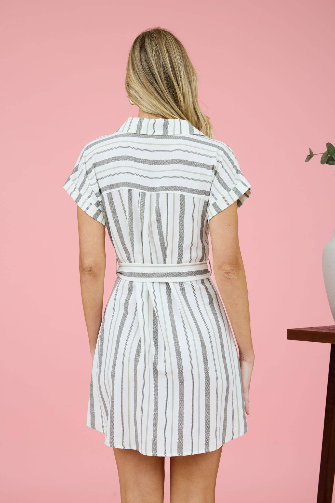 DRESS: STRIPE COLLARED SHORT SLEEVE BELTED SHIRT DRESS