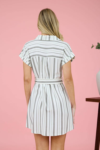 DRESS: STRIPE COLLARED SHORT SLEEVE BELTED SHIRT DRESS