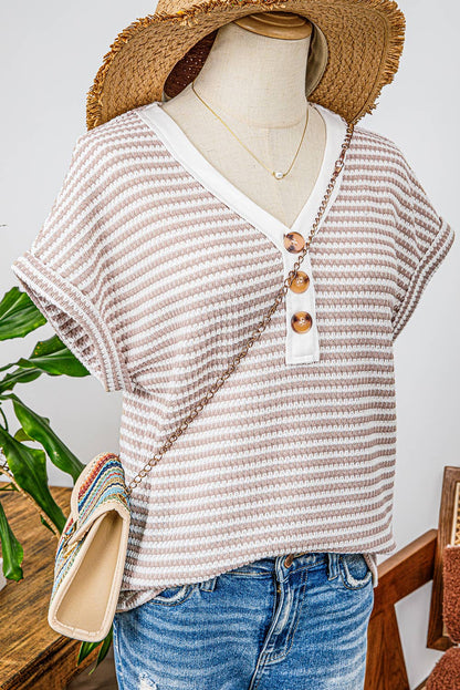 TOPS: Fashion-W Stripe Buttoned Front V Neck Knitted T Shirt