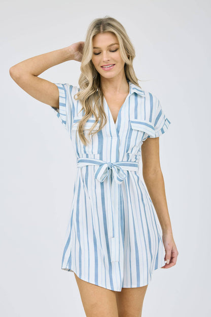 DRESS: STRIPE COLLARED SHORT SLEEVE BELTED SHIRT DRESS