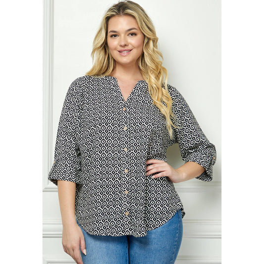 PLUS TOPS: MANDARIN COLLAR  PLAKET  BLOUSE