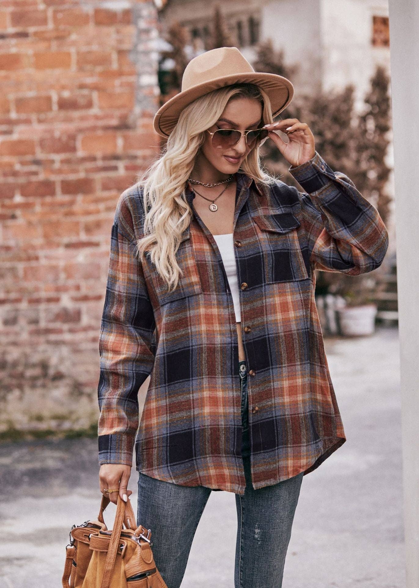 TOPS: Women's Autumn and Winter Casual Fashion Oversized Loose Plaid Shirt