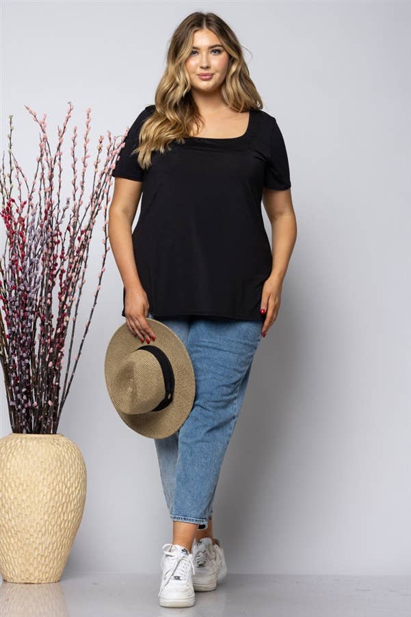 TOPS: Plus Tops RAVEN BLACK SQUARE NECK PLUS SIZE KNIT TOP ST1986-11X