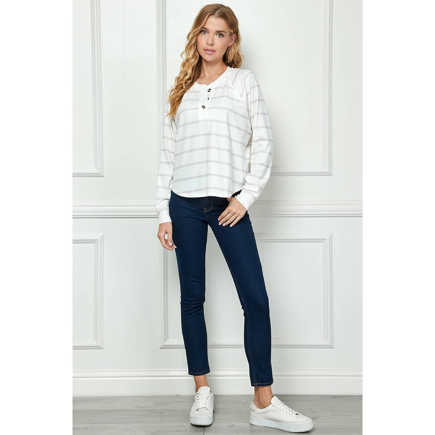 TOPS: LONG SLEEVE STRIPED KNIT TOP WITH BUTTON