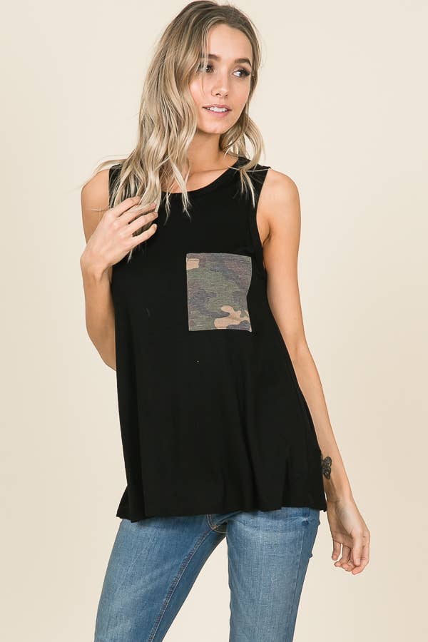 TOPS: Camouflage Chest Pocket Sleeveless Top